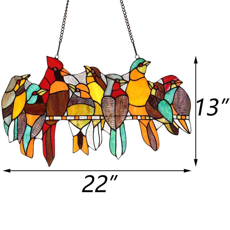 Bieye W10055 Tropical Birds on The Wire Tiffany Style Stained Glass Window Panel Hangings with Chain, 22" W x 13" H - Image 3